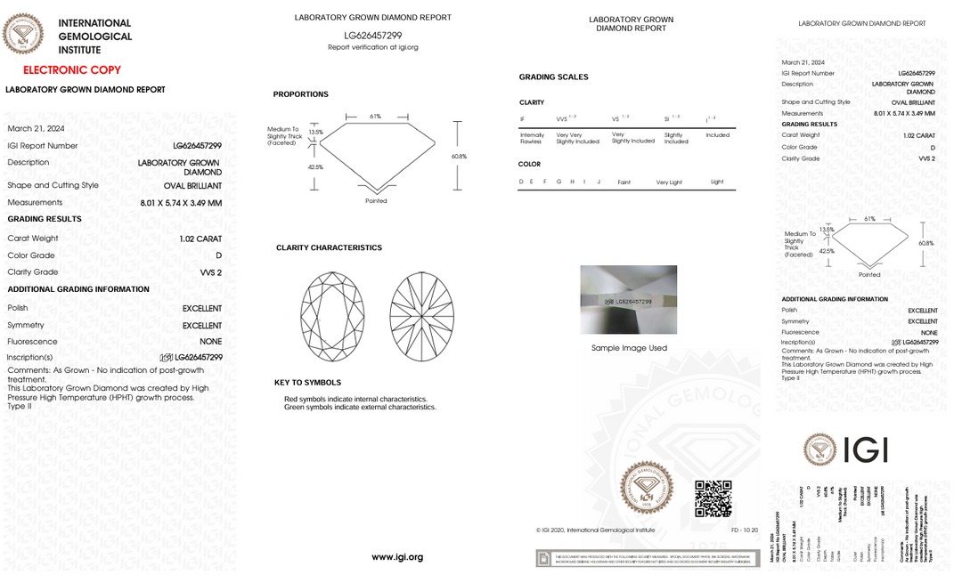 1.02 CT D Farge VVS2 Oval kuttet lab -dyrket diamant - IGI -sertifisert