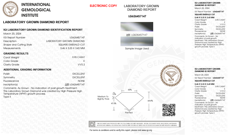 0,95 ct E warna VVS2 Square Emerald Cut Lab -Didahir Berlian - Bersertifikat IGI