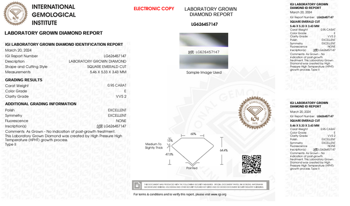 0,95 ct E warna VVS2 Square Emerald Cut Lab -Didahir Berlian - Bersertifikat IGI