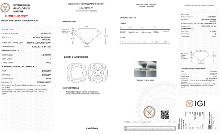 1.01 CT D kleur vvs2 kussen gesneden lab gekweekte diamant - IgI -gecertificeerd