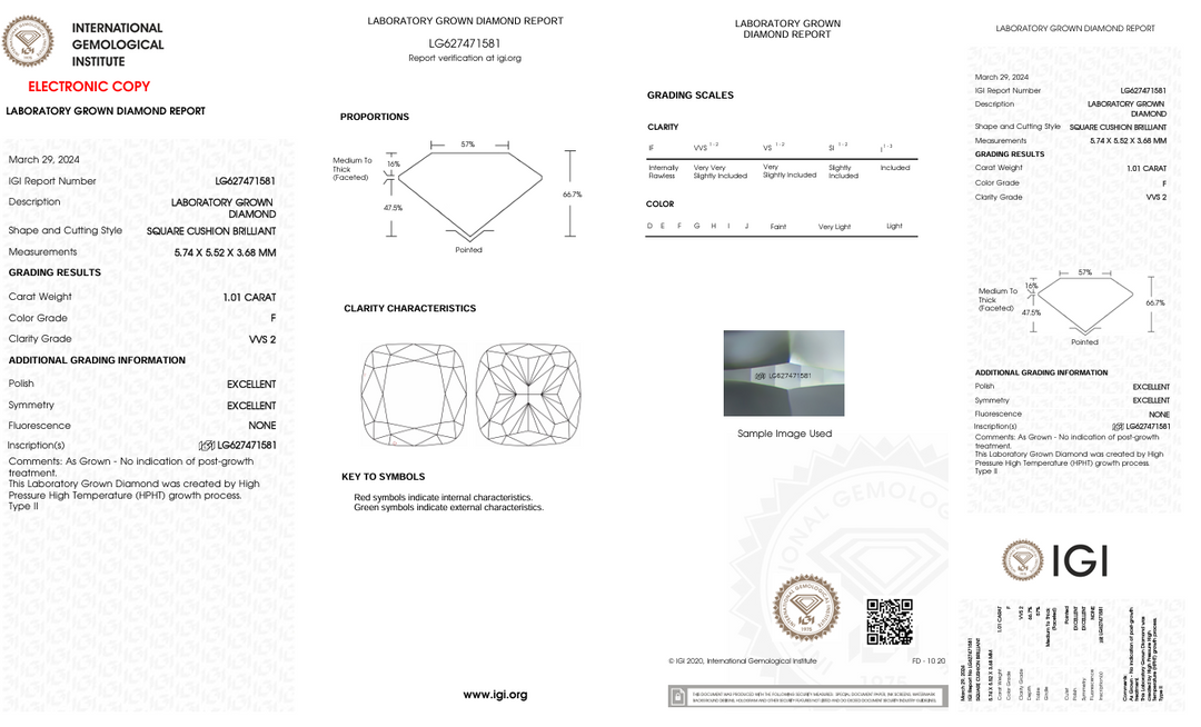 1,01 ct f Farb VVS2 Kissen geschnittene Diamant -IGI -zertifizierte Labor -Labor