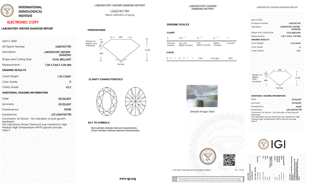 1.04 CT D Farge VS2 Oval kuttet lab -dyrket diamant - IGI -sertifisert