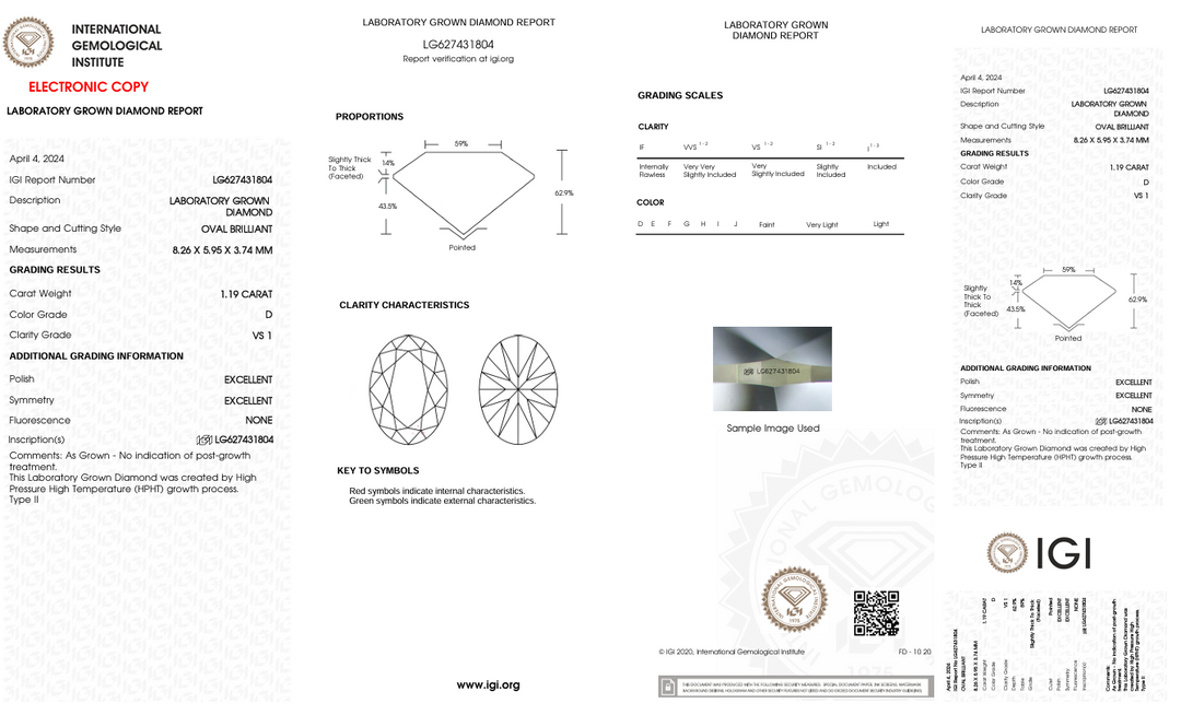 1,19 CT D Color VS1 Oval Cut Lab -вирощений Diamond - IGI сертифікований