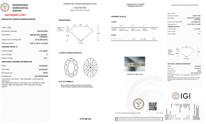 1,19 CT D Color VS1 Oval Cut Lab -вирощений Diamond - IGI сертифікований