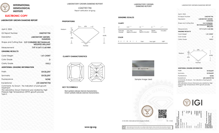 1.41 CT D Barva VVS2 Radiant Cut Lab -pěstovaný diamant - IGI Certified