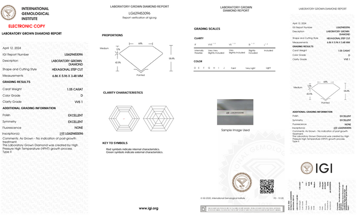 1.05 CT D Color VVS1 Hexagonal Cut Lab -odlad diamant - IGI -certifierad