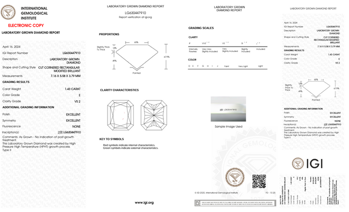 1,43 CT E COLOR VS2 RADIANT CUT LAB -dyrket diamant - IGI -certificeret