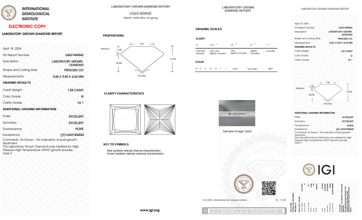 1,28 ct g Color vs1 Princess Cut Cut Lab -Rown Diamond - IGI сертифікований