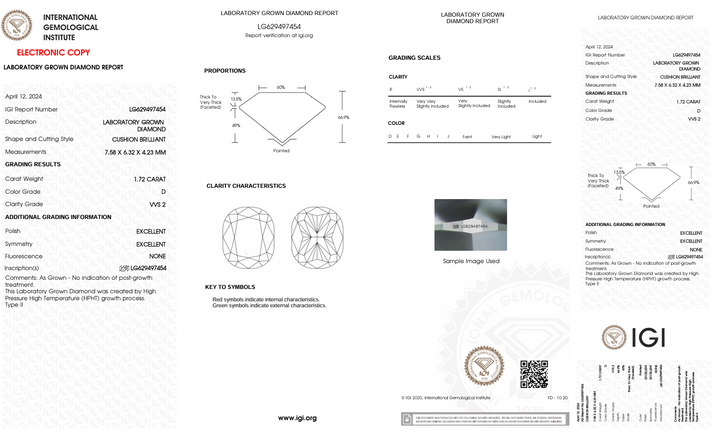 1,72 Ct D Color VVS2 Long Cushion Cut Lab, выращенное алмазом - IGI сертифицирован