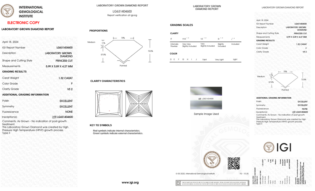 1,32 ct f Color vs2 Princess Cut Cut Lab -Laber Diamond - IGI сертифікований