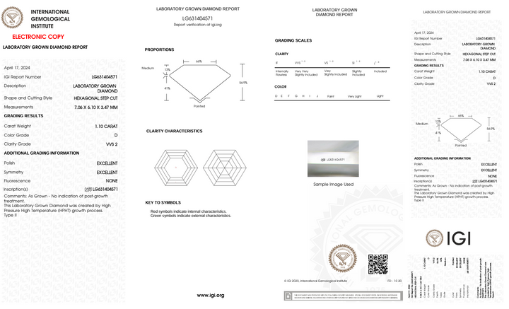 1.1 CT D Färg VVS2 Hexagonal Cut Lab -odlad diamant - IGI -certifierad