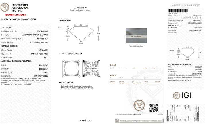 1,71 ct вигадливий інтенсивний рожевий колір VS1 Принцеса вирізаний лабораторією Diamond - IGI сертифікований