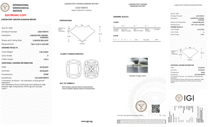 1,85 CT D Färg VVS2 Lång kuddskuret Lab -odlad diamant - IGI -certifierad