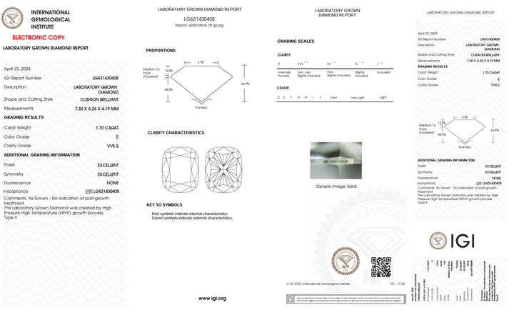 1,7 Ct E Color VVS2 Long Cushion Cut Lab, выращенное алмазом - IGI сертифицирован