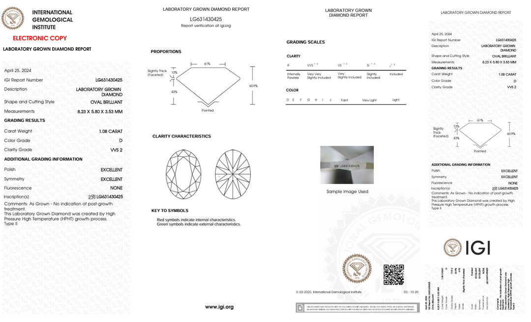 1.08 CT D COLOR VVS2 OVAL CUT DAIMENT -BALLANDER - IGI معتمد