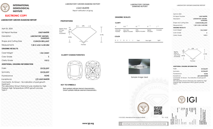 1.56 CT E RENK VVS2 Uzun Yastık Kesme Laboratuar Growed - IGI Sertifikalı