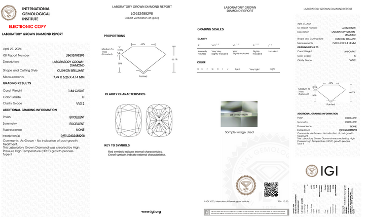 1,64 Ct D Color VVS2 Long Cushion Cut Lab, выращенное алмазом - IGI сертифицирован