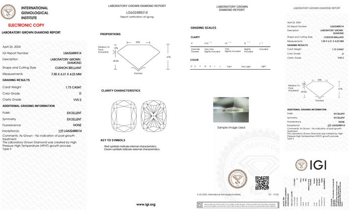 1,73 Ct D Color VVS2 Long Cushion Cut Lab, выращенное алмазом - Igi сертифицированным