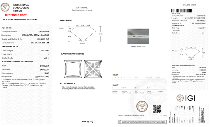 1,06 ct e color vvs1 Принцеса вирізаний лабораторією Діамант - сертифікат IGI