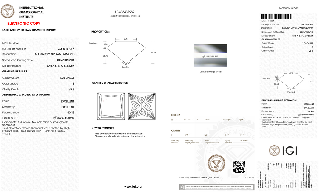 1.04 CT E RENK VS1 PRINCESS CUT LAB GÜNLÜK Pırlanta - IGI Sertifikalı