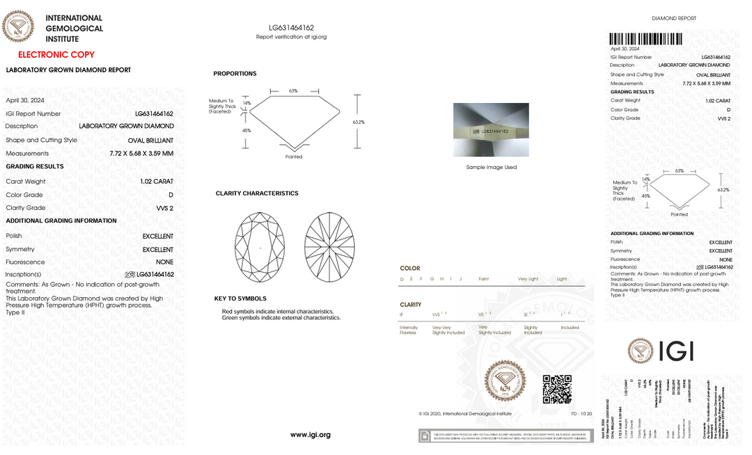 1,02 CT D Barva VVS2 OVAL CUT LAB -pěstovaný diamant - IGI Certified