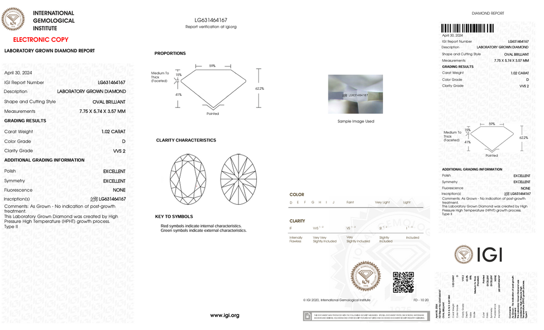 1,02 CT D Колір VVS2 Oval Cut Lab -вирощений алмаз - сертифікований IGI