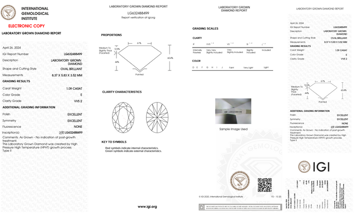 1,09 ct e color vvs2 oval Cut lab -вирощений алмаз - сертифікований IGI