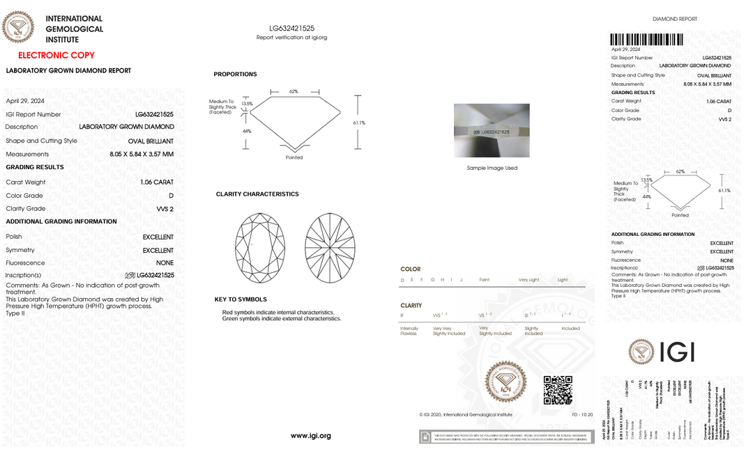 1,06 CT D Color VVS2 Oval Cut Lab -вирощений алмаз - сертифікований IGI