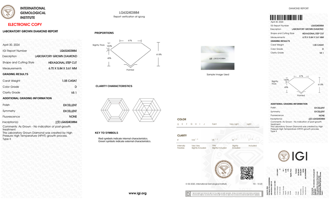 1.05 CT D Color VS1 Hexagonal Cut Lab -odlad diamant - IGI -certifierad