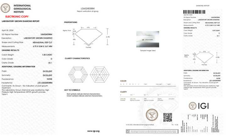 1.05 CT D Color VS1 Hexagonal Cut Lab -odlad diamant - IGI -certifierad