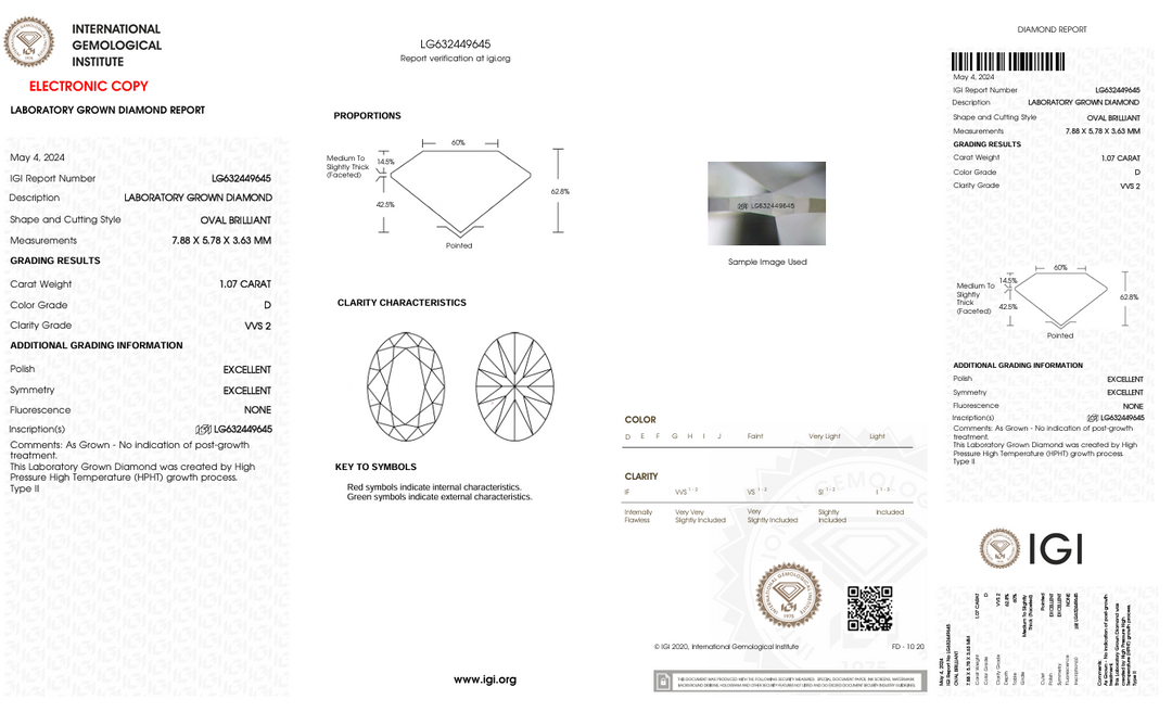 1,07 CT D Color VVS2 Oval Cut Lab -вирощений алмаз - сертифікований IGI