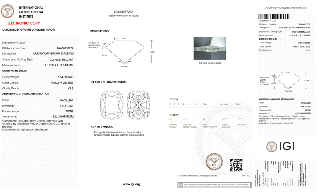 5.14 CT Fancy Fancy Blue Color VS2 Long Cushion Cut Cut -Craded Diamond - IGI معتمد