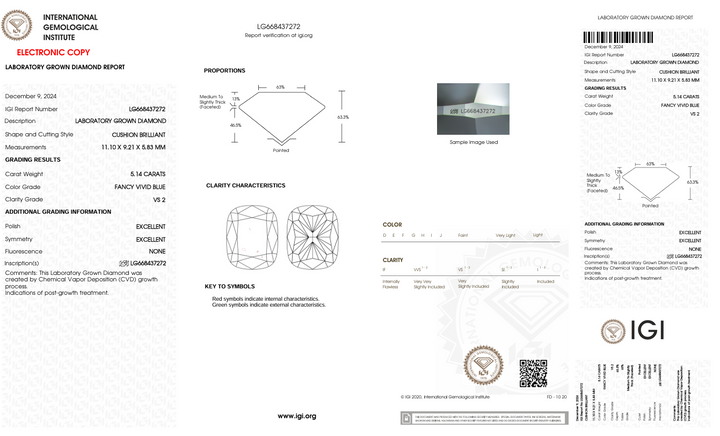 5.14 CT Fancy Fancy Blue Color VS2 Long Cushion Cut Cut -Craded Diamond - IGI معتمد