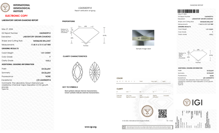 1.51 CT FカラーVVS2マーキーズカットラボで栽培されたダイヤモンド-IGI認定