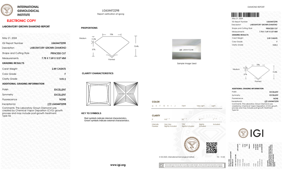 2,89 ct f Color vvs2 Princess Cut Lab -вирощений діамант - сертифікований IGI