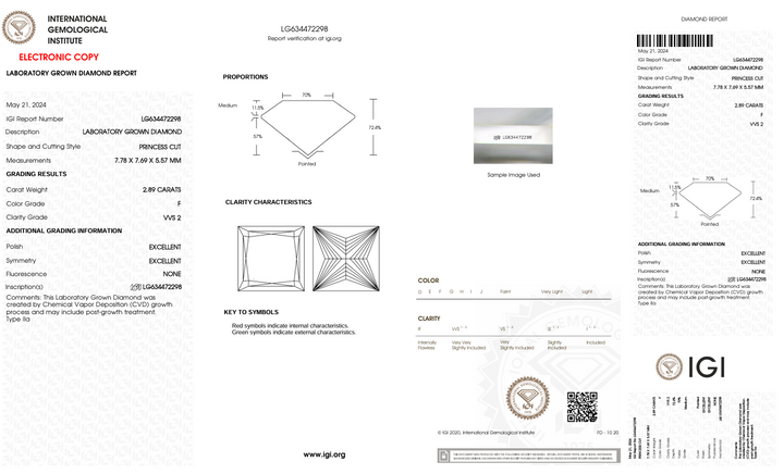 2,89 ct f Color vvs2 Princess Cut Lab -вирощений діамант - сертифікований IGI