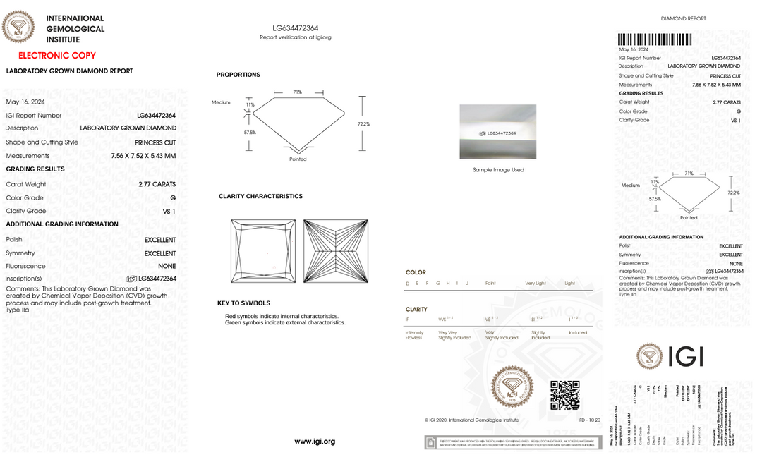 2,77 CT G Color VS1 Princess Cut Cut Lab Dialond - IGI сертифікований