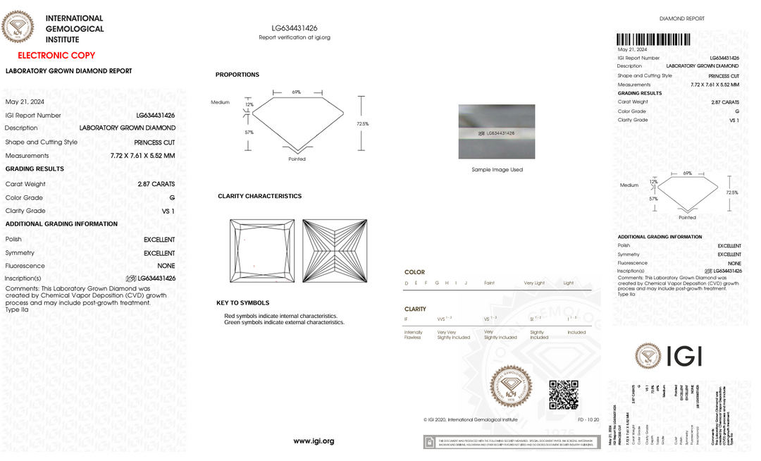 2.87 CT G Color VS1 Princess Cut Cut -bashed Diamond - IGI معتمد