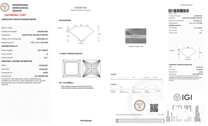 2.87 CT G Color VS1 Princess Cut Cut -bashed Diamond - IGI معتمد