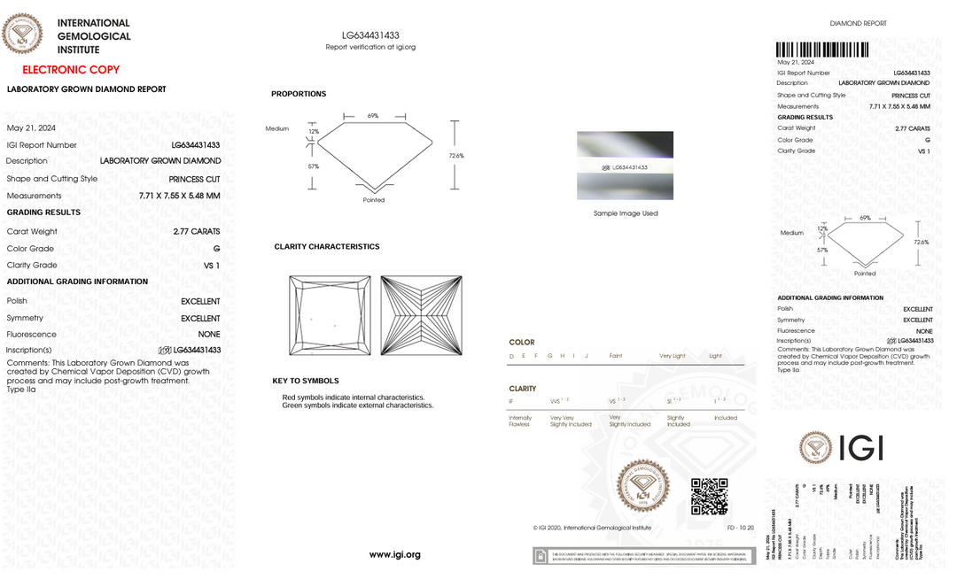 2,77 CT G Color VS1 Princess Cut Cut Lab Dialond - IGI сертифікований