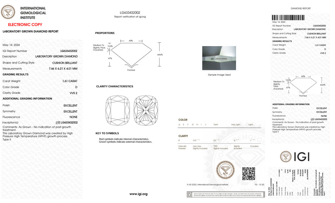 1,61 Ct D Color VVS2 Long Cushion Cut Lab, выращенное алмазом - IGI сертифицирован