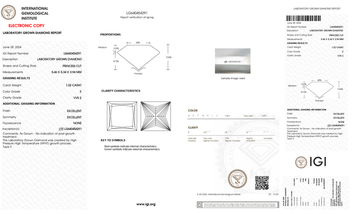 1,02 ct e color vvs2 Принцеса вирізаний лабораторією Діамант - сертифікат IGI