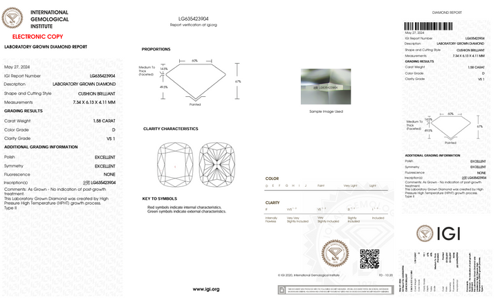 1,58 Ct D Color vs1 Long Cushion Cut Lab, выращенное алмазом - Igi сертифицированным