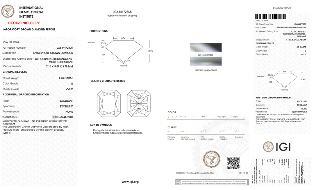 1,43 Karat, E-Farbe, VVS2, Radiant-Schliff, im Labor gezüchteter Diamant – IGI-zertifiziert