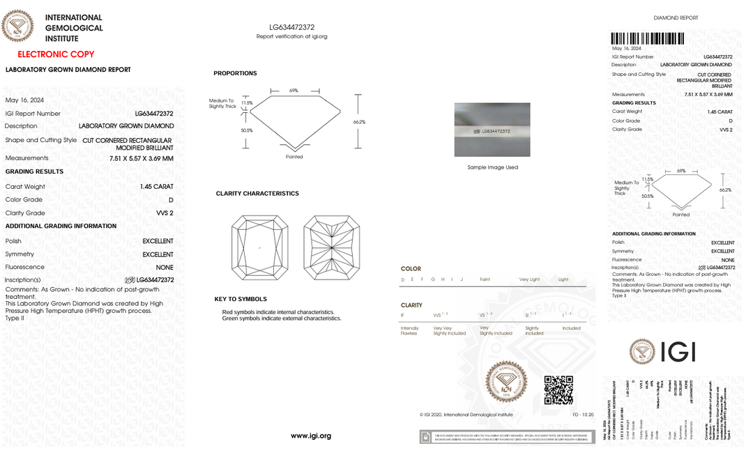 1.45 CT D Color VVS2 Radiant Cut Lab -pěstovaný diamant - IGI Certified