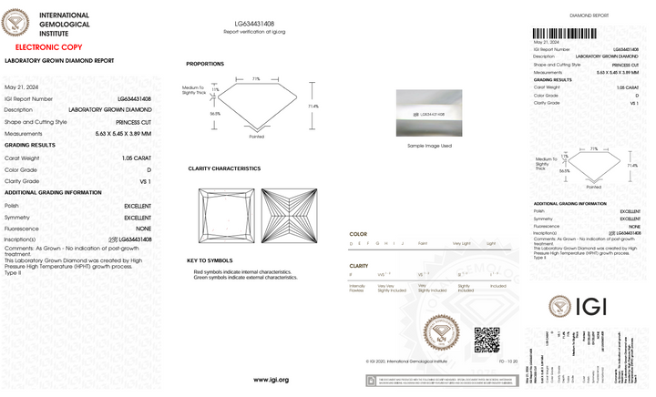 1,05 CT D Color VS1 Princess Cut Cut Lab Diamond - IGI сертифікований