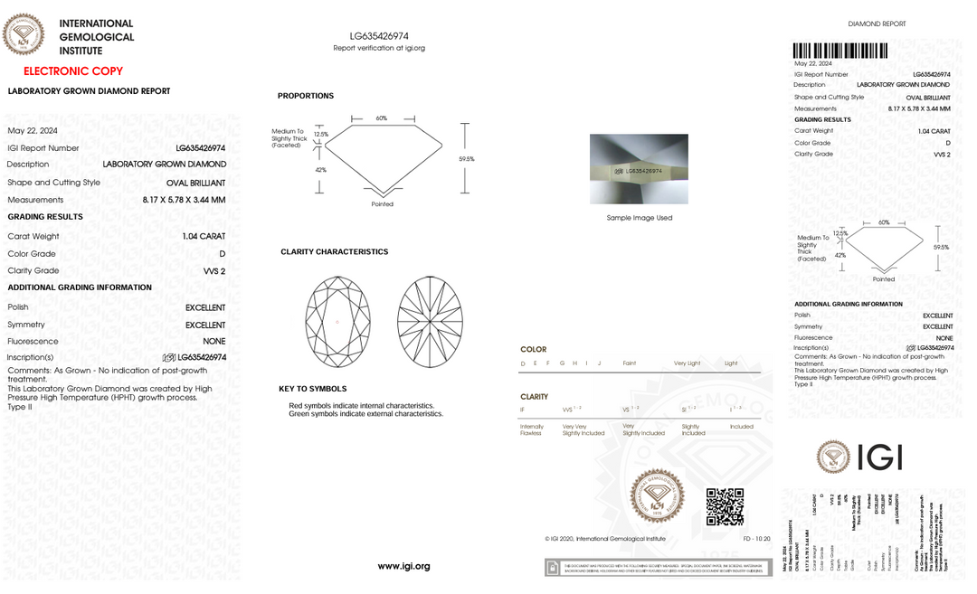 1.04 CT D FARGE VVS2 Oval kuttet lab -dyrket diamant - IGI -sertifisert