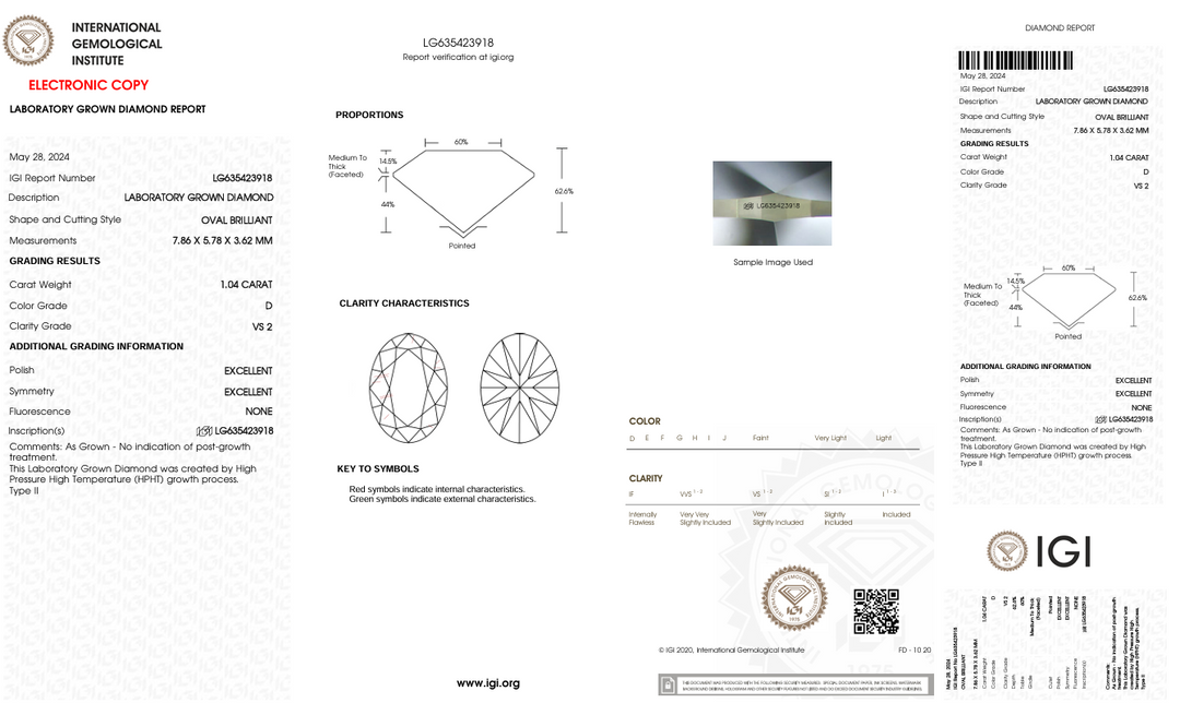 1.04 CT D Farge VS2 Oval kuttet lab -dyrket diamant - IGI -sertifisert