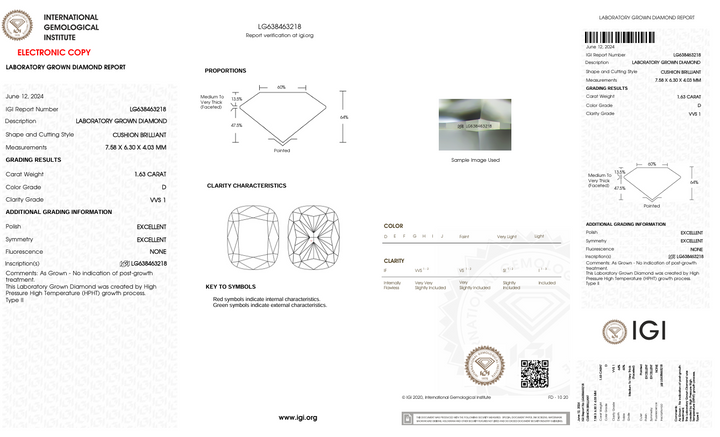 1,63 Ct D Color VVS1 Long Cushion Cut Lab, выращенное алмазом - IGI сертифицирован