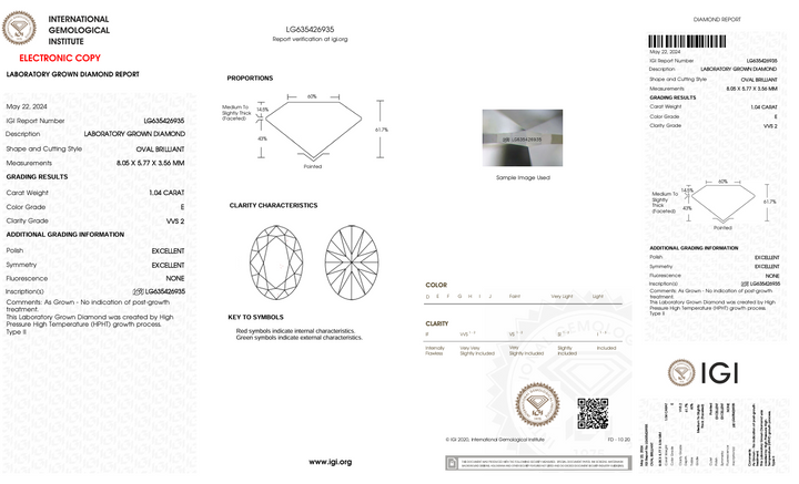 1,04 CT E Колір VVS2 Oval Cut Lab -вирощений діамант - сертифікований IGI